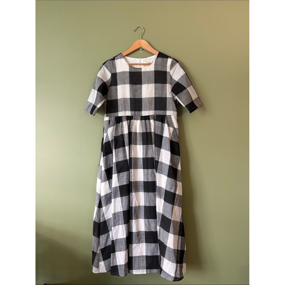 Roolee Maddie Buffalo Plaid Dress Black White Midi Side Pocket Short Sleeve Sz S - Picture 2 of 9